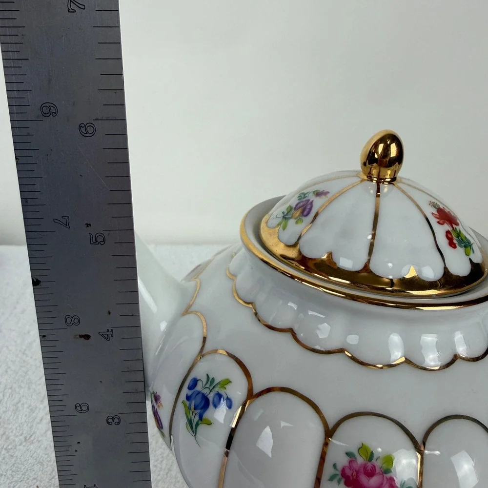 Ganz Floral Porcelain Tea for One Set White‎ Gold Trim Stackable Teapot Teacup